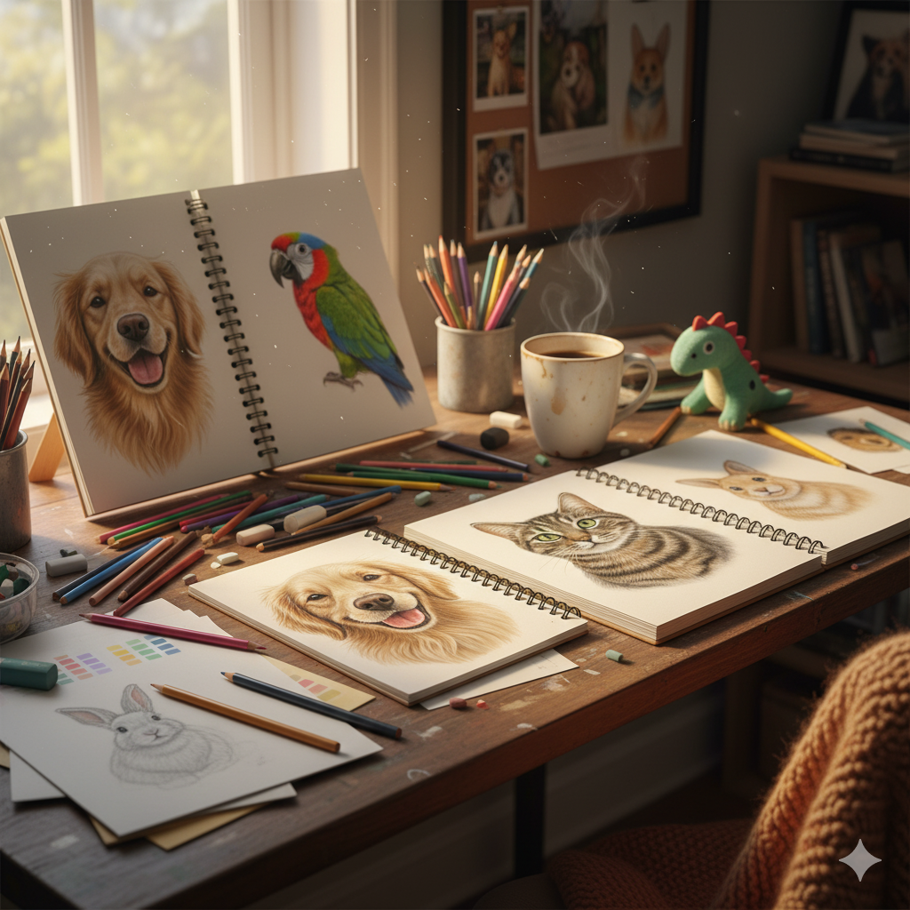 Artist workspace with pencils and drawings